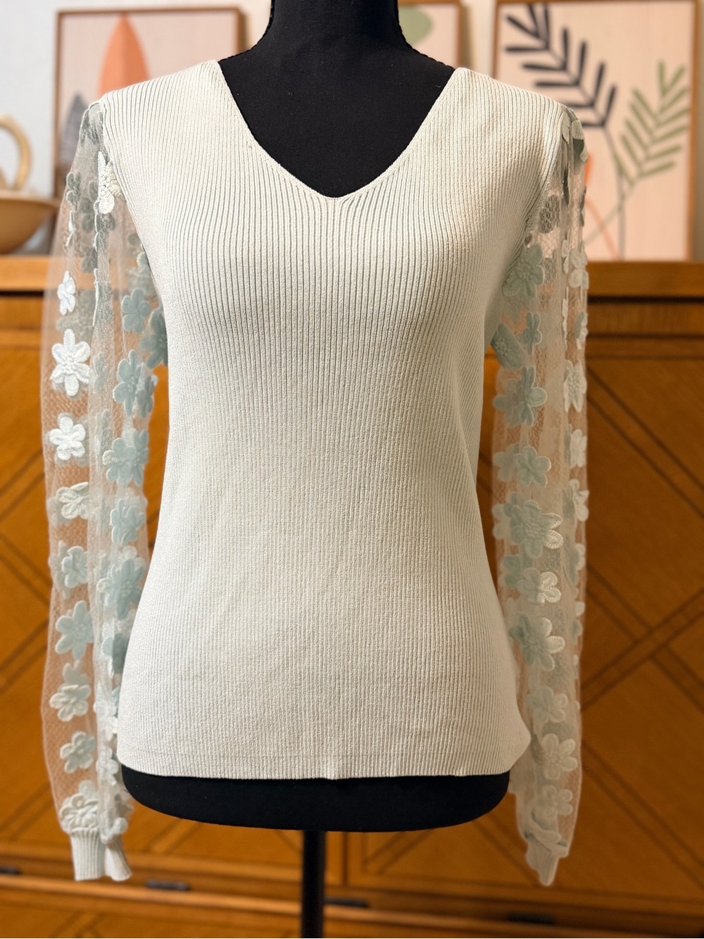 V-Neck Cream Knit Top with Sheer Floral Mesh Sleeves